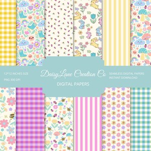 Digitalt vårpapperspaket - Pastellfärgade sömlösa mönster, blommor, gingham, ränder, bin och regnbågar - 12x12” PNG 300 DPI direktnedladdning