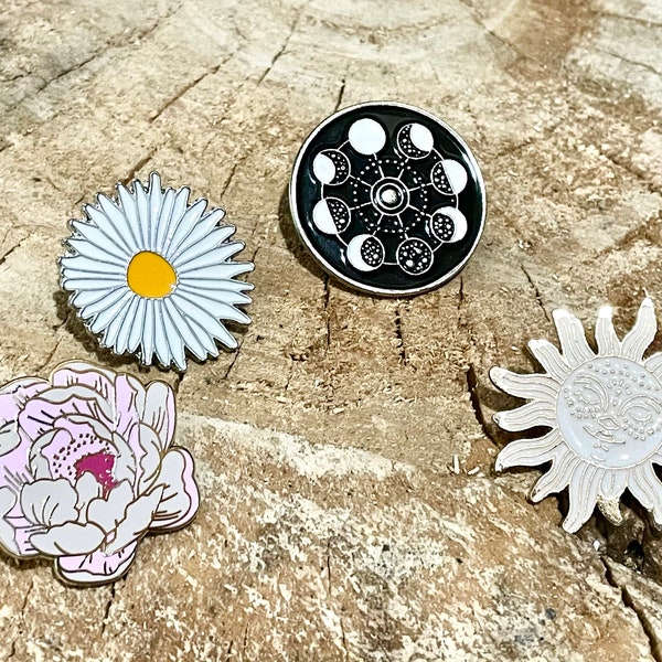 Peony pin,Daisy pin,Moon Phases Pin,Sun pin,Sun Brooch,peony brooch,Daisy Brooch,Moon phases brooch,enamel pin,Hard enamelpin,cute flowerpin