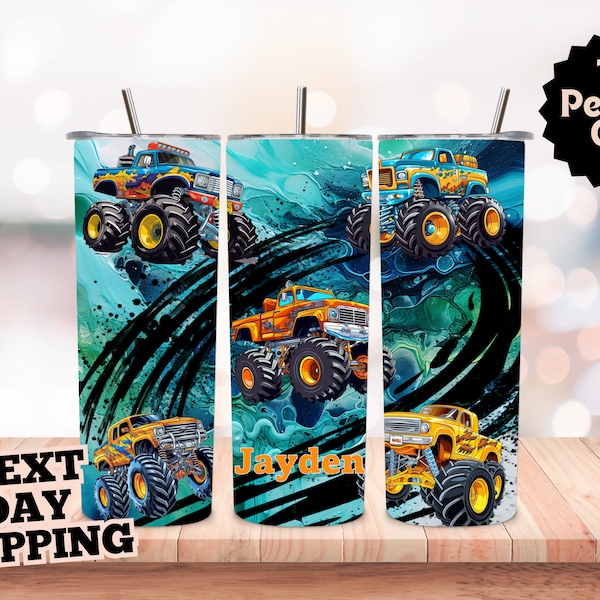 Green and Black Monster truck 20 oz personalized tumble,  boys tumbler monster trucks son/ boy gift/ grandson gift truck gift kids tumbler