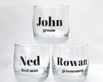 Glass with name and role / Wedding / Champagne Flute / Scotch Glass / Decal and glass / Name and title label / Bridal party labels