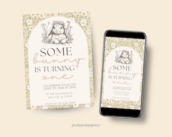 Invitación de cumpleaños de conejito, floral (versión imprimible y móvil)