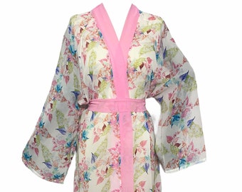 Colorful Leaf Flowy Sheer Robe Cover Up, Chiffon Long Kimono, Luxury Chiffon Kimono Dressing Gown, Colorful Leaf Pattern Beachwear Dress