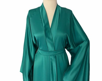 Petrol Green Long Silk Satin Bridal Robe, Maxi Bridesmaid Dressing Gown, Bridal Shower Gift for Sister, Bachelorette Party Robes for Women