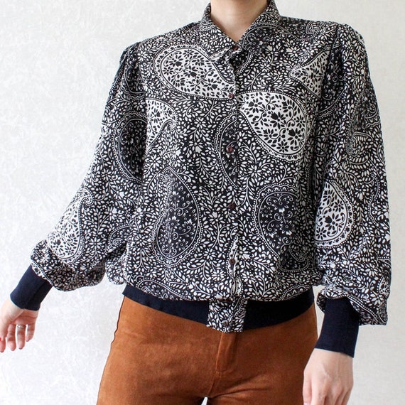 Vintage blouse boho purple black white size L gyps