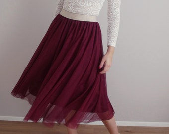 Soft tulle skirt burgundy with elegant elastic waistband - registry office / wedding / bridesmaid