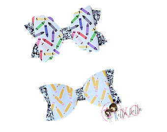 Pencil Print Hair Bow - Faux Leather School Bow