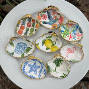 Decorative Clam Shell Jewelry Holder,Decoupaged Ring Dish,Coastal Decor,Bridesmaid Gift, Hostess Gift