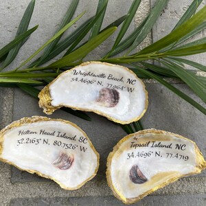 Oyster Shell Ring Dish, Personalized Coordinates ,Latitude Longitude,Custom Jewelry Holder,Unique Coastal Nautical Gift, Hostess Gift