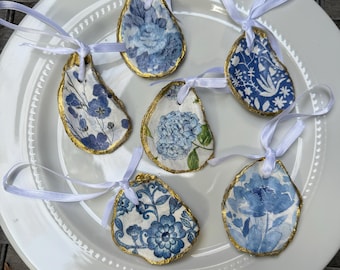 Kerstboomversiering in de vorm van een oesterschelp, blauw-wit, decoratie voor een wijnfles, kerstdecoratie in kustthema, gastgeschenk, stranddecoratie, kies je ontwerp