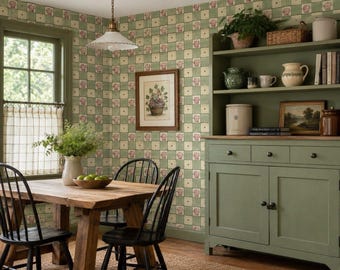 Vintage Pig Wallpaper Roll Green Gingham Cottagecore Farmhouse Kitchen Decor