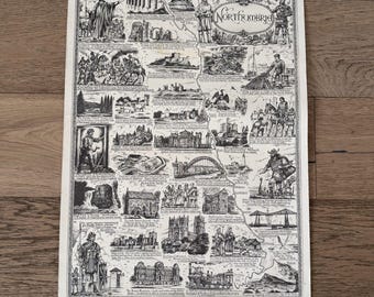 Carte illustrée de la Northumbrie, 1983, impression par W David Peirse, art mural historique de l'Angleterre