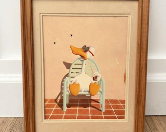 Vintage 1982 Michael Bedard Sitting Duck Framed Art Print 80s Postmodern Duck Wall Art