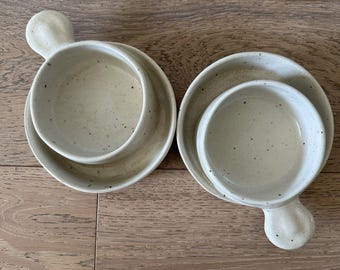 Zestaw 2 misek na zupę z krakersami w kolorze kremowym, MCM Pottery, 1977, kalifornijska kamionka, zabytkowy Robert Weiss