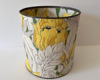 Vintage Floral Waste Basket Retro Yellow Flower Trash Can 1960s 1970s Mod Tin Bin
