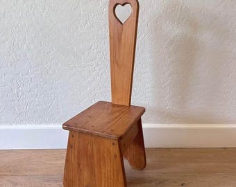 Vintage Wooden Child Chair Step Stool Heart Cutout Cottagecore Nursery Rustic Farmhouse Decor