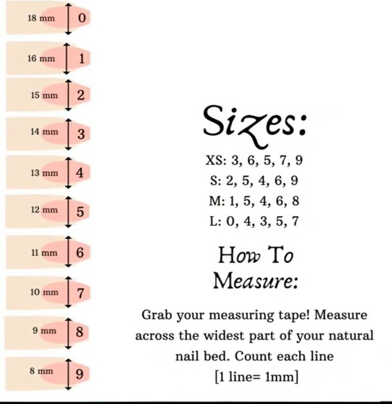 May include: A chart showing nail sizes in millimeters, with corresponding numbers for each size. The chart also includes sizing information for different nail sizes, labeled XS, S, M, and L. The text "How To Measure" is included with instructions to measure the widest part of the nail bed and count each line as 1 mm.