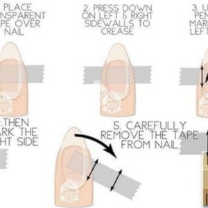 May include: A step-by-step guide on how to use tape to create a perfect nail shape. The guide shows how to place tape over the nail, press down on the sides, mark the left and right sides, and then remove the tape. A ruler is shown in the bottom right corner.