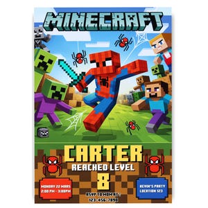 Convite de aniversário do Homem-Aranha do Minecraft, convite editável para festa na piscina do Homem-Aranha, convite para festa de jogador para imprimir, aniversário de novo nível, download instantâneo