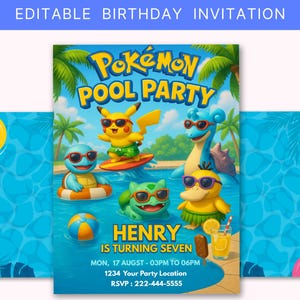 Invitation modifiable de pool party Pokémon - Invitation d'anniversaire d'enfants - Summer Swim Party - Téléchargement instantané - Pikachu, Carapuce, Bulbizarre, Psyduck