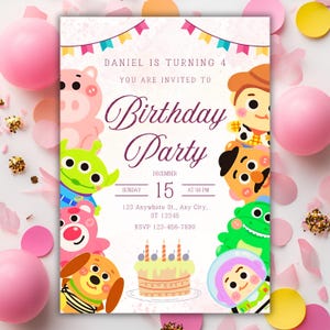 Convite de aniversário inspirado em Toy Story | Download digital editável | Convite fofo estilo desenho animado para festa infantil