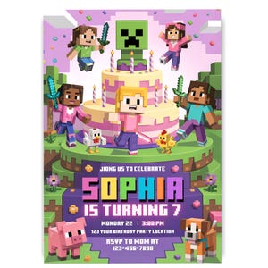 Minecraft Party Girly Einladung, Pink Creeper Cake, Minecrafter Geburtstagseinladung, Minecraft Gamer Einladung