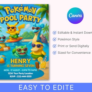 Invitation modifiable de pool party Pokémon - Invitation d'anniversaire d'enfants - Summer Swim Party - Téléchargement instantané - Pikachu, Carapuce, Bulbizarre, Psyduck