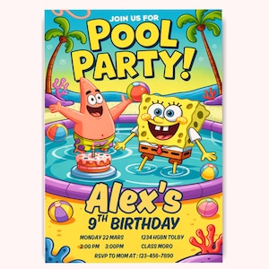 Invitación de cumpleaños de Bob Esponja en la piscina, invitación editable para fiesta en la piscina infantil, plantilla de Canva, fiesta de cumpleaños de dibujos animados en la playa imprimible de Patricio Estrella