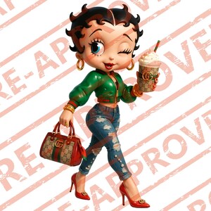 Betty Boop PNG Tumbler | Gucci-Inspired Fashion Girl Clipart | Digital Download | High-Gloss Cartoon Sublimation Graphic | Luxury Walking