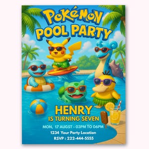 Invito per festa in piscina a tema Pokémon – Invito per compleanno bambini – Festa estiva in piscina – Download immediato – Pikachu, Squirtle, Bulbasaur, Psyduck