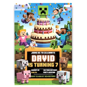 Zaproszenie na przyjęcie urodzinowe Minecraft, edytowalne zaproszenie urodzinowe Minecraft Minecrafter, zaproszenie gracza Minecraft, edytowalne Canva