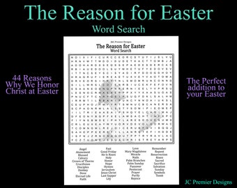 Może przedstawiać: Czarno-biała krzyżówka z tytułem "The Reason for Easter" i listą 44 powodów, dla których czcimy Chrystusa w Wielkanoc. Krzyzówka zawiera słowa takie jak "pokutę", "ukrzyżowanie", "zmartwychwstanie", "ofiara" i "grób".