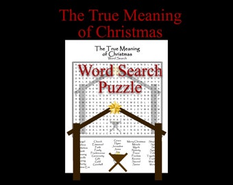 Może przedstawiać: Drukowana krzyżówka zatytułowana "The True Meaning of Christmas". Krzyzówka przedstawia scenę z żłóbkiem i gwiazdą nad nim. Słowa do odnalezienia są wymienione pod krzyżówką.