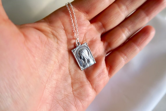 Virgin Mary Lourdes Medal Necklace, Aluminum Vint… - image 1