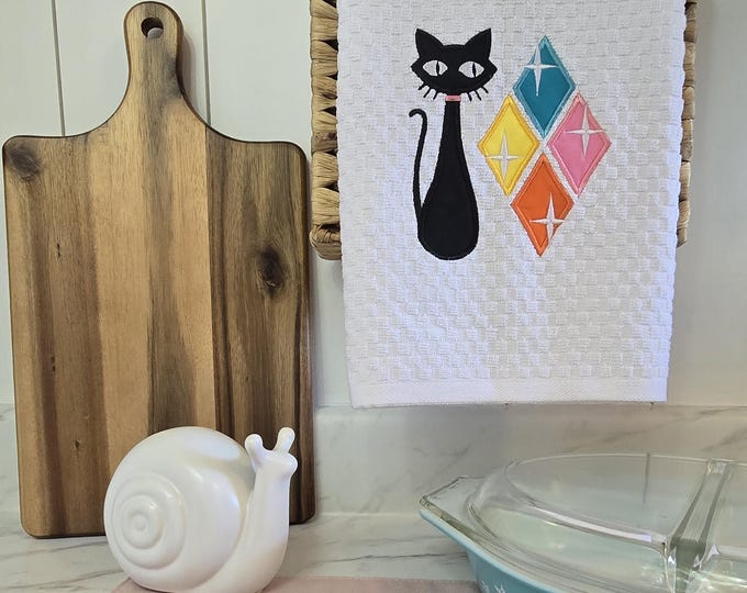Atomic Kitty Kitchen Towel, Mid-Century Modern Applique