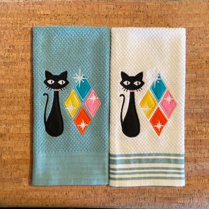 Atomic Kitty Kitchen Towel Set / Mid Century Modern Kitchen / Starburst Kitchen / Atomic Cat