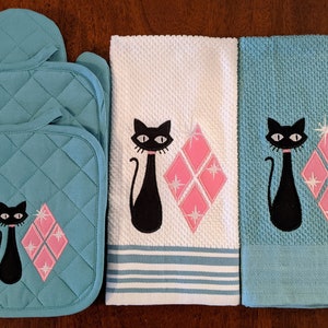 Atomic Kitty Kitchen Towel Set / Mid Century Modern Kitchen / Starburst Kitchen / Atomic Cat