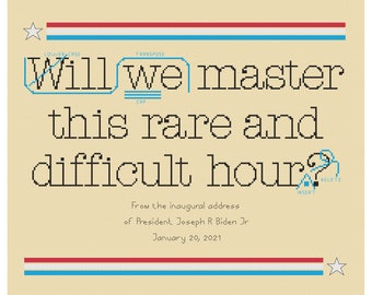 Könnte beinhalten: Ein Kreuzstich-Design auf beigem Hintergrund mit dem Text "Will we master this rare and difficult hour?" in Schwarz. Das Design enthält blaue und rote Akzente, Sterne und Text aus der Antrittsrede von Präsident Joseph R Biden Jr.