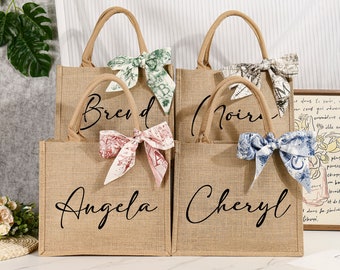 Custom Jute Bag with Ribbon,Burlap Gift Bags Personalized,Bridesmaid Tote Bags,Bridesmaid Bags with Name,Gift for Her,Beach Bag,Bridal Party