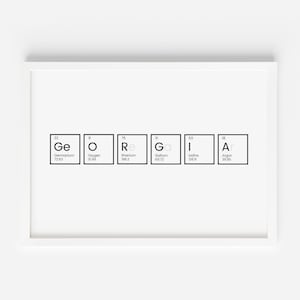 May include: A framed wall art print featuring the word GEORGIA spelled out using chemical element symbols from the periodic table. Each letter is contained in a black square box with its atomic number, element name, and atomic mass listed below.