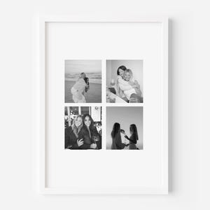 May include: A white framed wall art print featuring a collage of four black and white photographs. The images depict various scenes of two individuals interacting in different settings, including a beach, an indoor space, and outdoors.