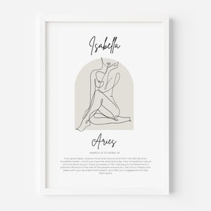 Custom Star Sign Line Art Poster Print - Personalised Zodiac Framed Gift Instant Download