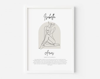 Custom Star Sign Line Art Poster Print - Personalised Zodiac Framed Gift Instant Download