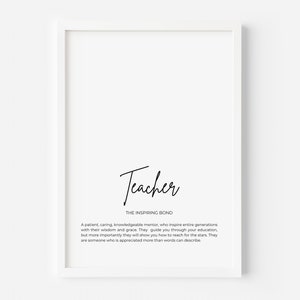 May include: A framed print with the word "Teacher" in elegant script. Below, the text "THE INSPIRING BOND" and a description of a teacher's role in education are printed in a simple, readable font. The frame is white.