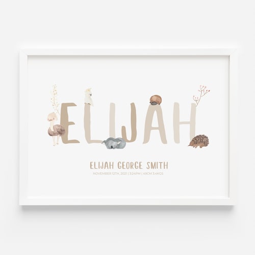Custom Personalised Baby Child Name Print Australian Animals Etsy