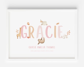 Custom Personalised Baby Child Name Print Animals Newborn Children Toddler Gift Downloadable Print Personalise Instant Download