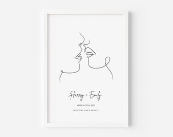 Custom Couple Kissing Line Art Print - Anniversary Couple Same Sex Lesbian Gay Straight Wedding Framed Gift Personalise Instant Download