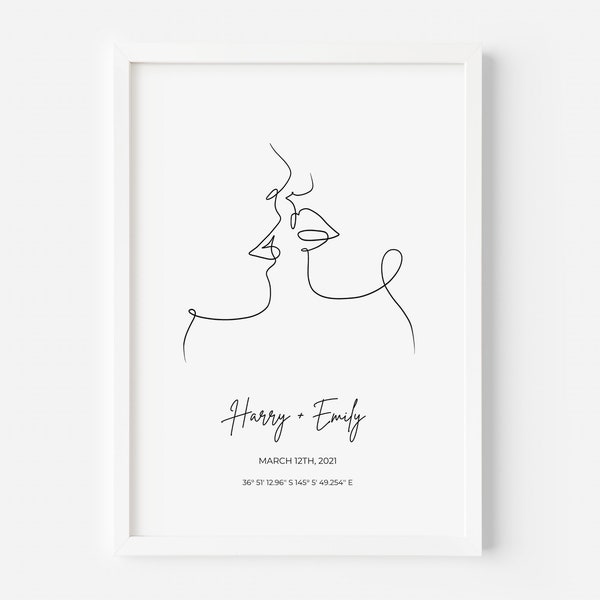 Benutzerdefinierte paar küssend Linie Art Print - Jubiläum Paar gleichen Sex Lesben schwul Gerade Hochzeit gerahmt Geschenk personalisieren Sofort-Download