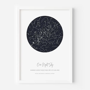 Spersonalizowany wydruk nocnego nieba | Spersonalizowany plakat ścienny z mapą gwiazdozbiorów | Oprawiony prezent na rocznicę