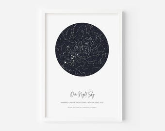 May include: A framed vertical print featuring a circular dark navy star map with white constellations. Below the circle, the text reads: Our Night Sky, MARRIED UNDER THESE STARS | 18TH OF JUNE, 2022, ROYAL BOTANICAL GARDENS, SYDNEY.