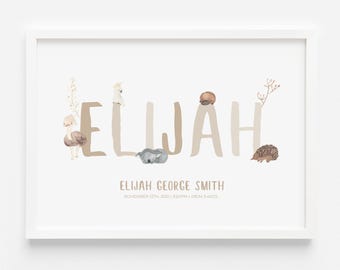 Custom Australian Animal Name Print | Personalised Kids Name Poster | Baby Birth Nursery Wall Art